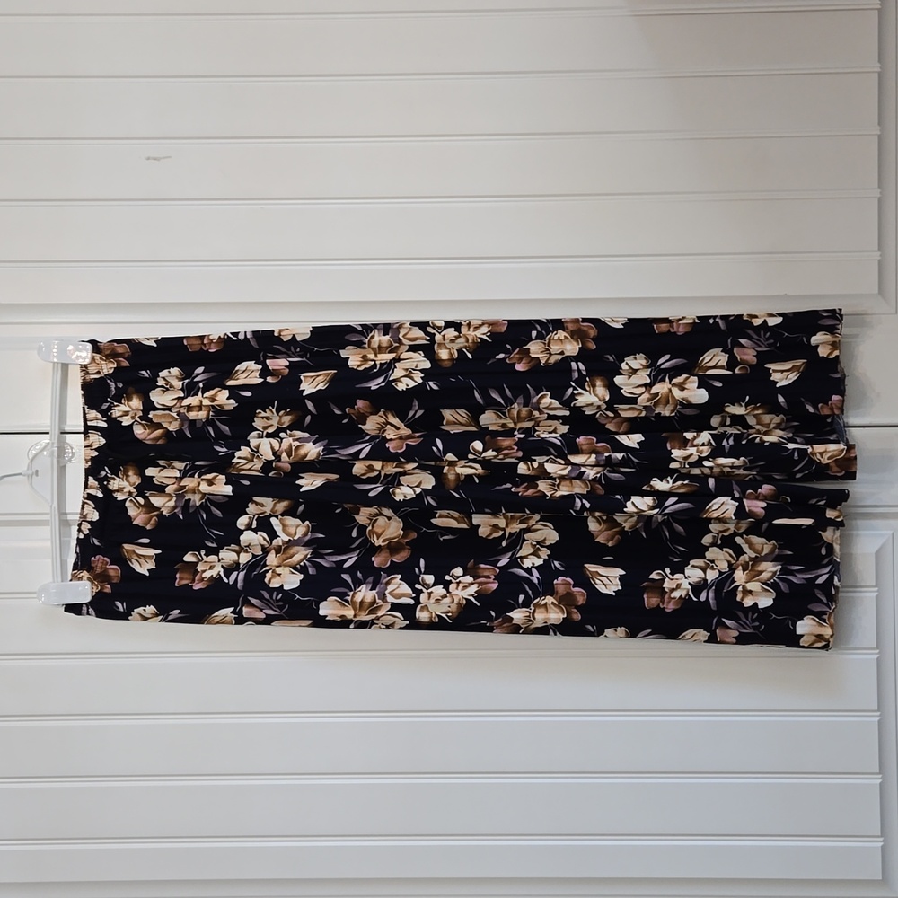 Fancy Pleated Palazzo Pants Blue Cream Flowers Wide Leg Elastic Waistband Med.